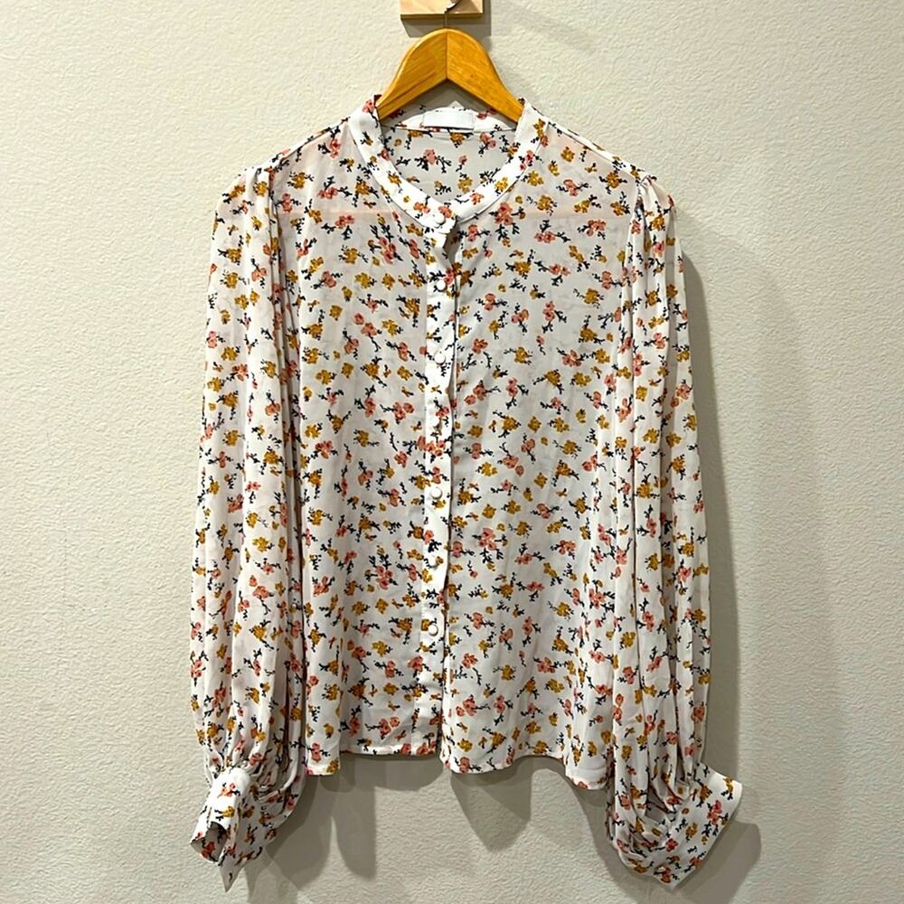 Floral Matallic Threaded Sheer Billow Sleeve Blouse | Size M‎